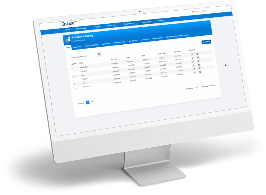 Image showcasing Phiro Go's HR web feature dedicated to automated atttendance scheduling. The platform provides advanced tools to streamline scheduling processes, improving workforce management and operational efficiency.