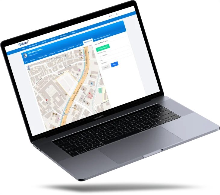 Image Introducing the Phiro Go HR web feature, now with Geofencing shaping attendance. This feature allows HR to define attendance boundaries by 'shaping,' ensuring precise and accurate tracking based on location.improving organizational productivity.