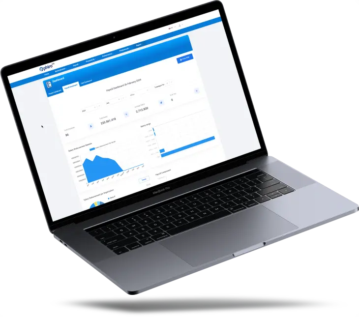 Image displaying the Payroll Dashboard feature of Phiro Go's HR web platform. This feature offers HR professionals a comprehensive overview of payroll-related data, facilitating efficient payroll management and accurate financial reporting.